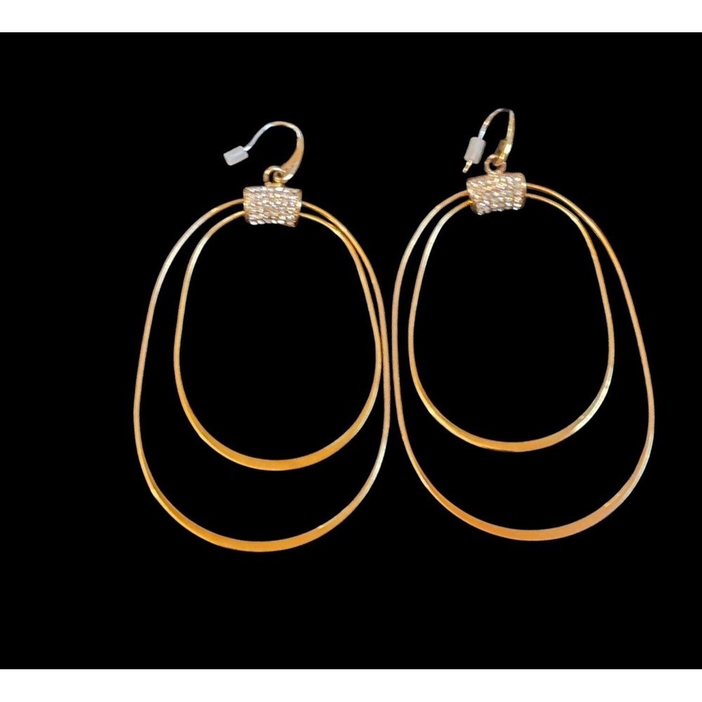 MICHAEL KORS MK Gold Tone Dangle Double Hoops Pave Crystal Fish Hook Earrings